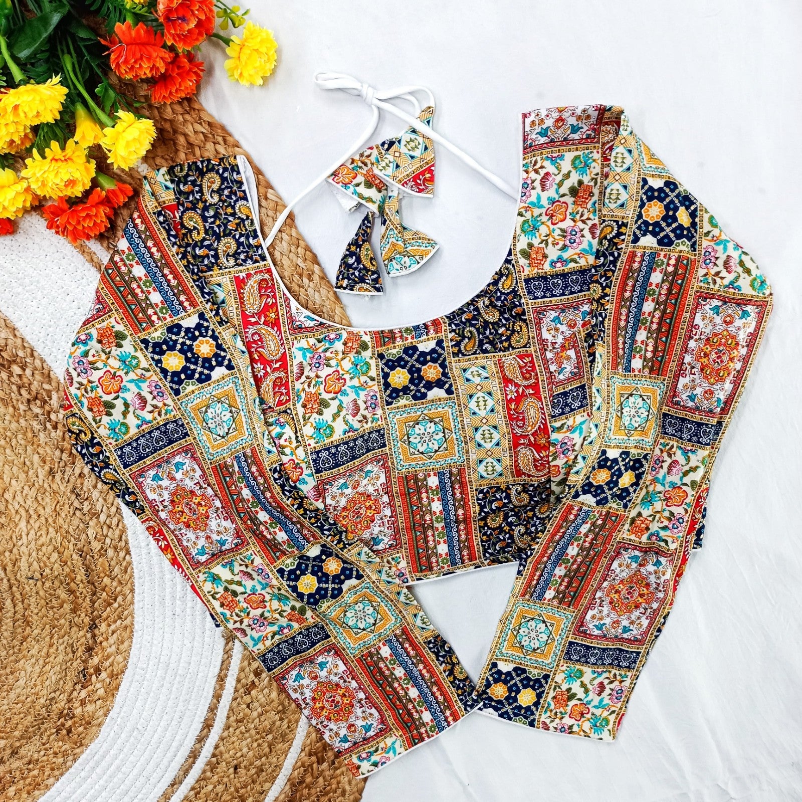 Rayon cotton Multi printed Siroski work Padded Long sleeve blouse