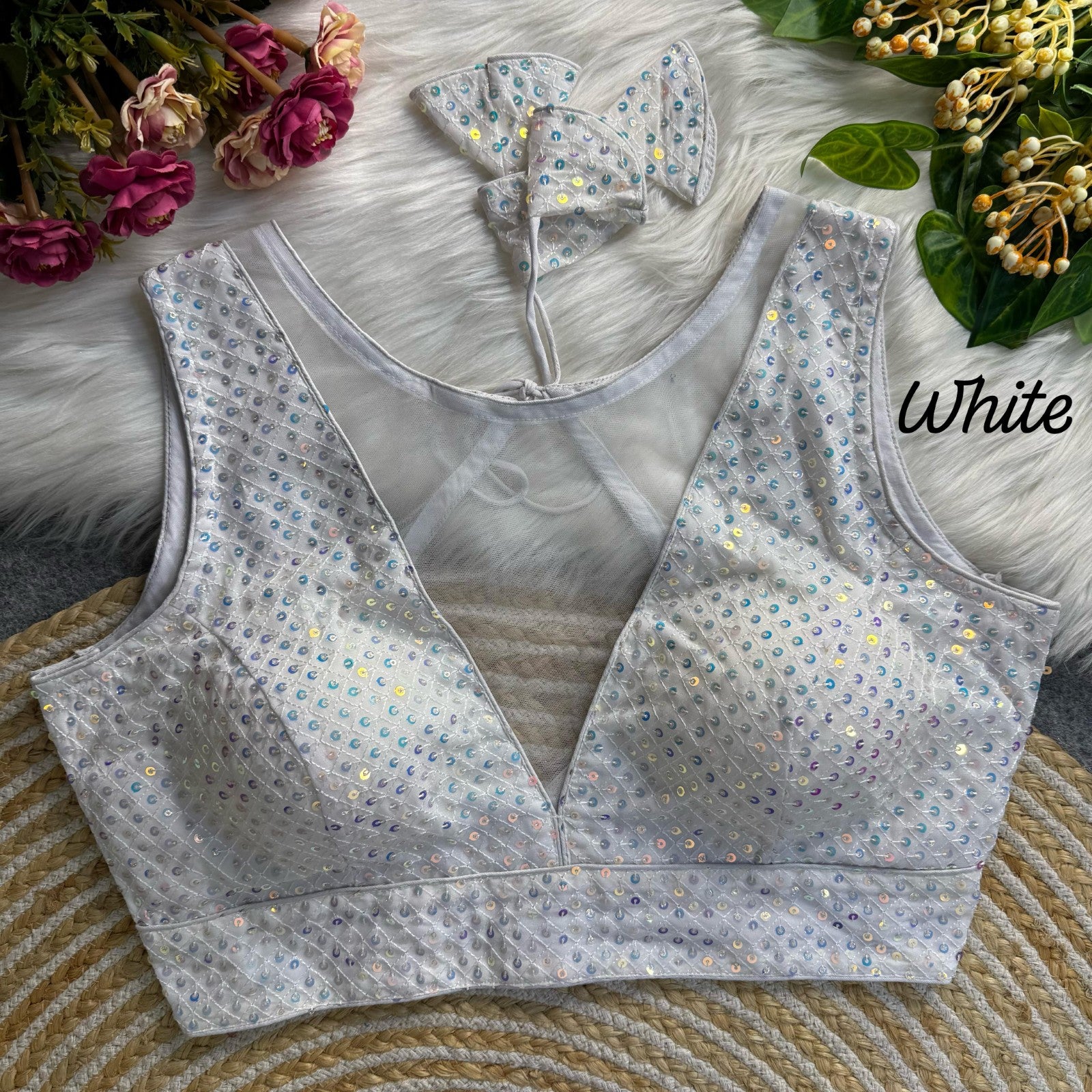 Deep v neck Sleeveless Padded blouse Imported net with Sequins work blouse