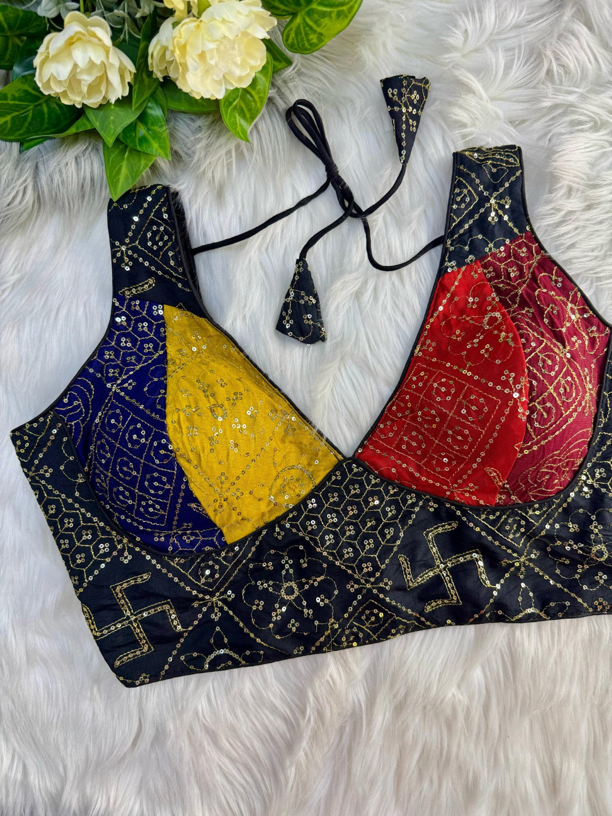 Multi printed with Sequins work Sleeveless V neck Silk fabric Saree blouse