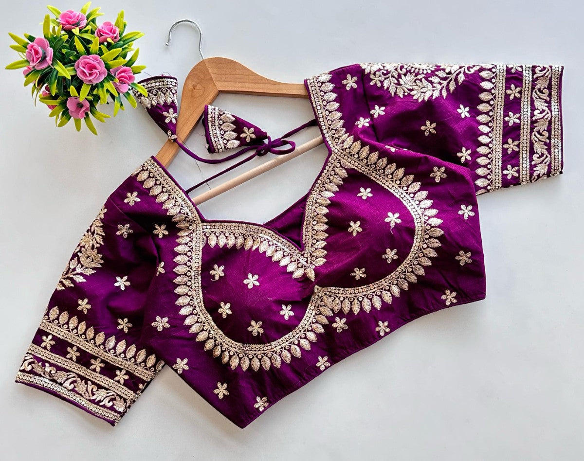 Blueberry silk Golden embroidery with Sequins work Padded Saree blouse