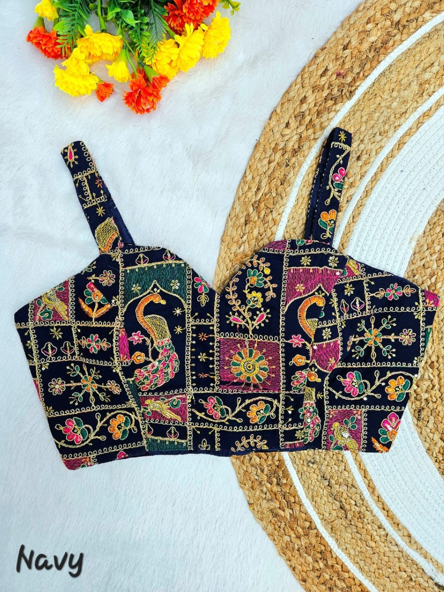 Designer Off shoulder Georgette with Multi embroidered coding work Padded Sleeveless Blouse