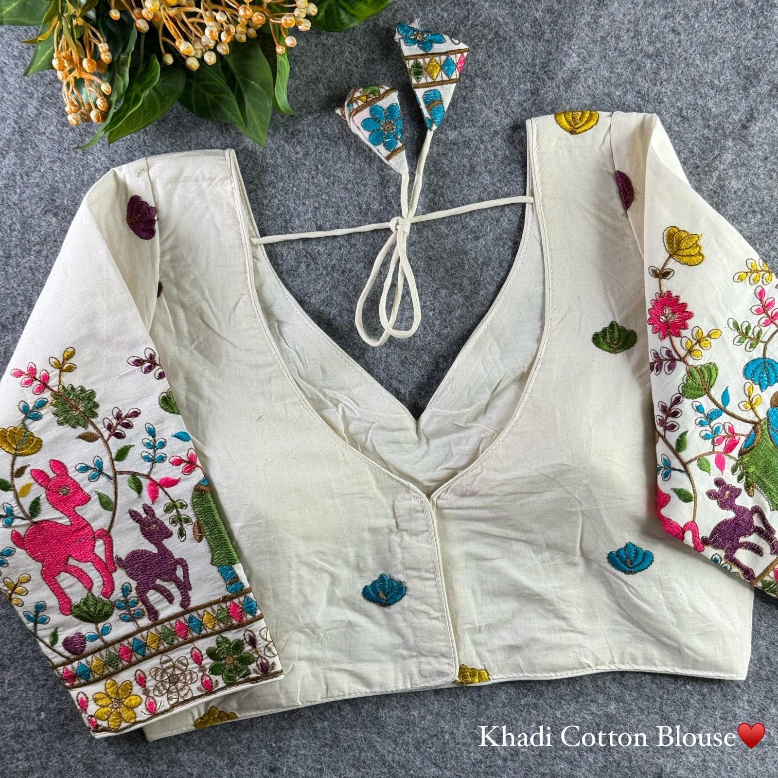 White Khadi cotton with Thread Coding Embroidery work Padded Blouse