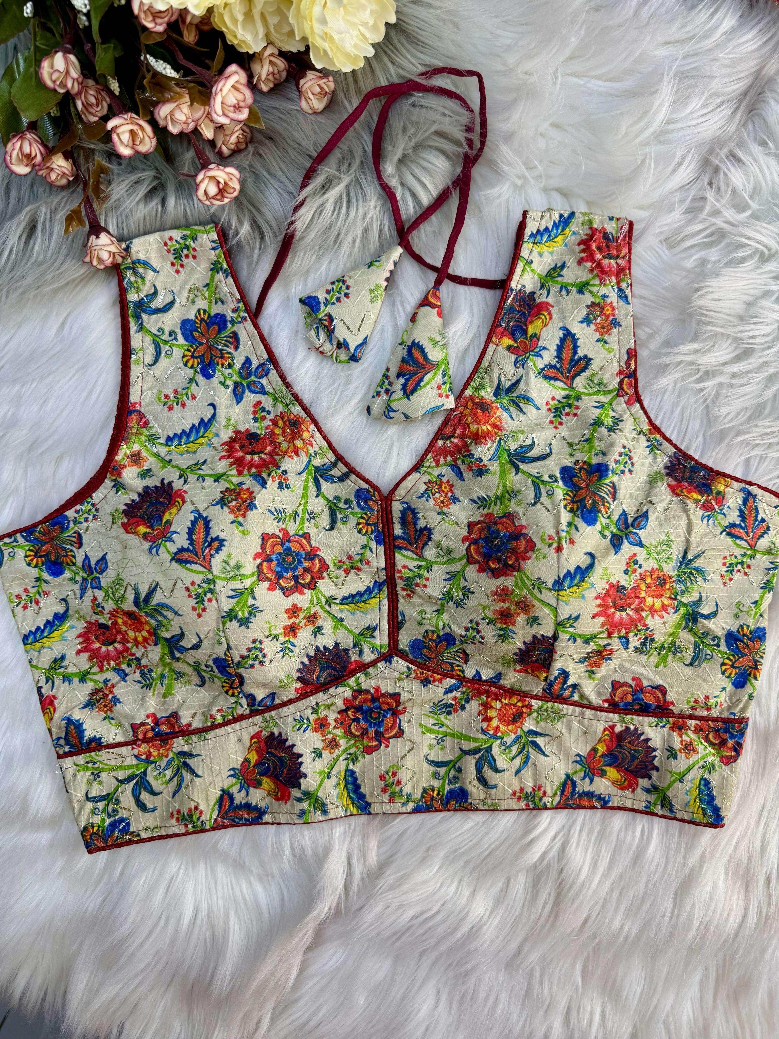 Sleeveless V neck Crochet with Foil work silk blouse