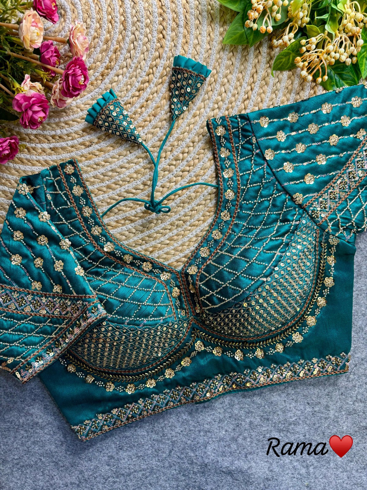 Readymade Pure Italian silk hand work with coding thread work Padded Sequins blouse