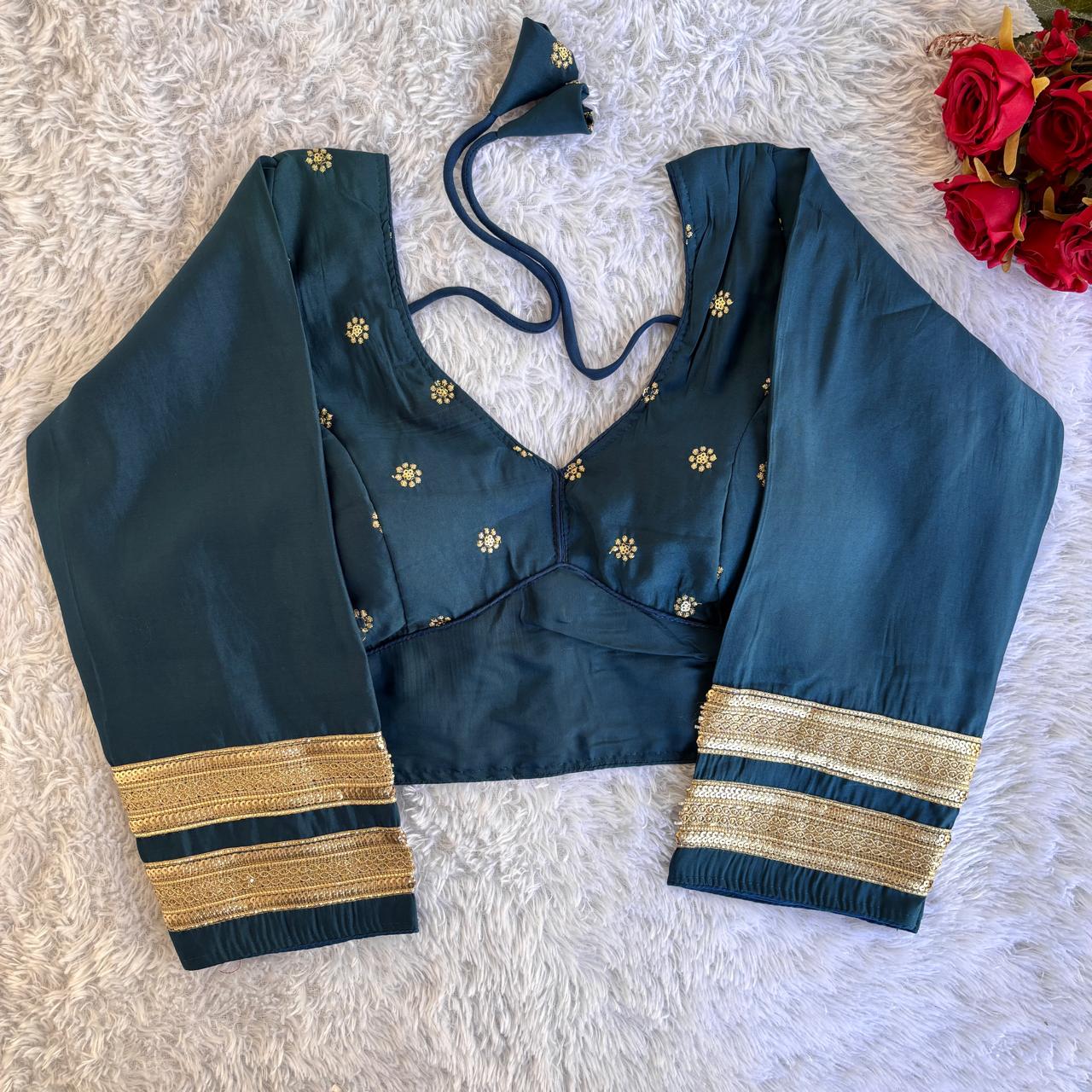 Roman silk fabric Readymade Stitched Padded Embroidery work Saree blouse