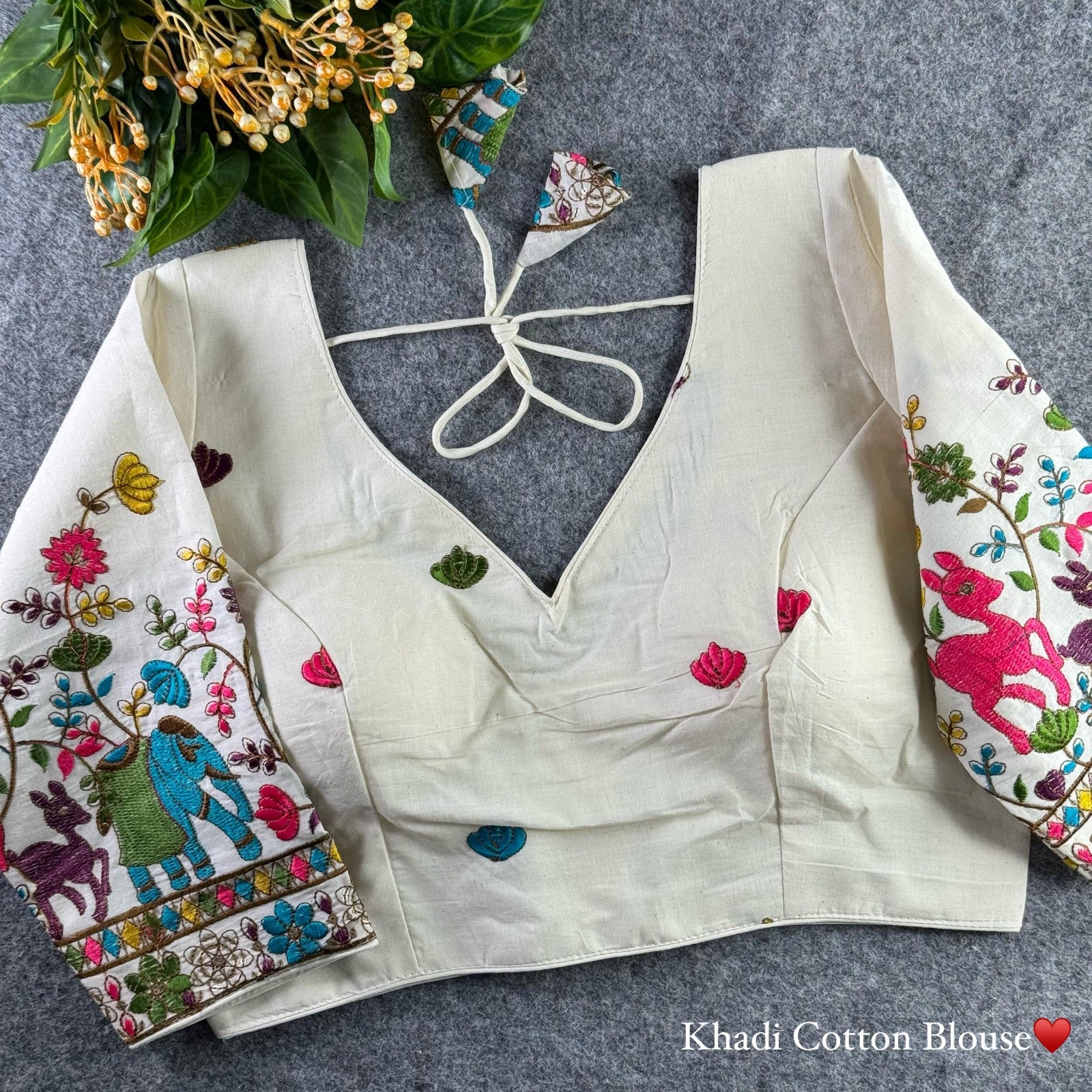 White Khadi cotton with Thread Coding Embroidery work Padded Blouse