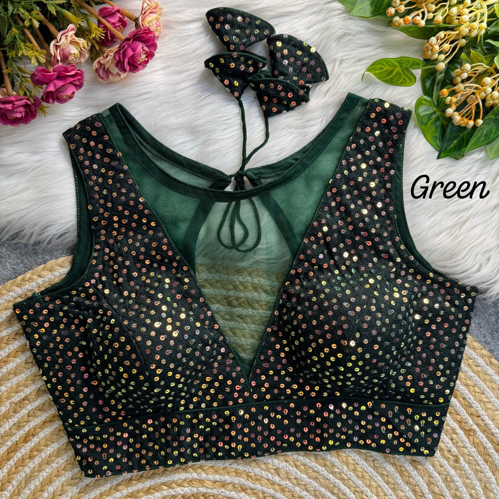 Deep v neck Sleeveless Padded blouse Imported net with Sequins work blouse