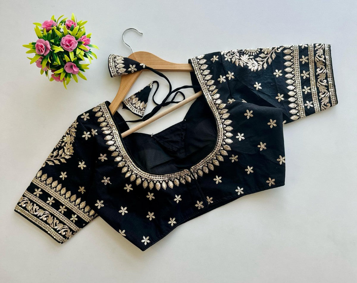 Blueberry silk Golden embroidery with Sequins work Padded Saree blouse
