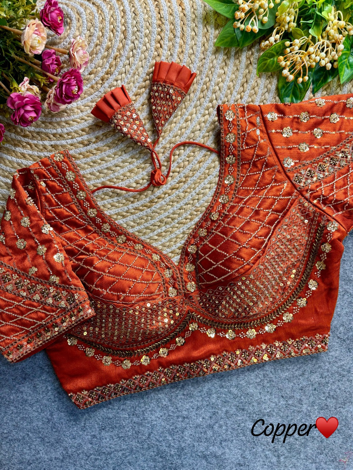 Readymade Pure Italian silk hand work with coding thread work Padded Sequins blouse