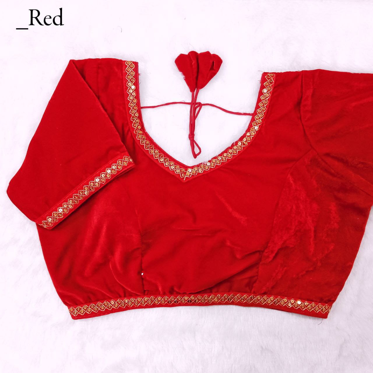 Velvet fabric Sequins lace work Padded V neck Blouse