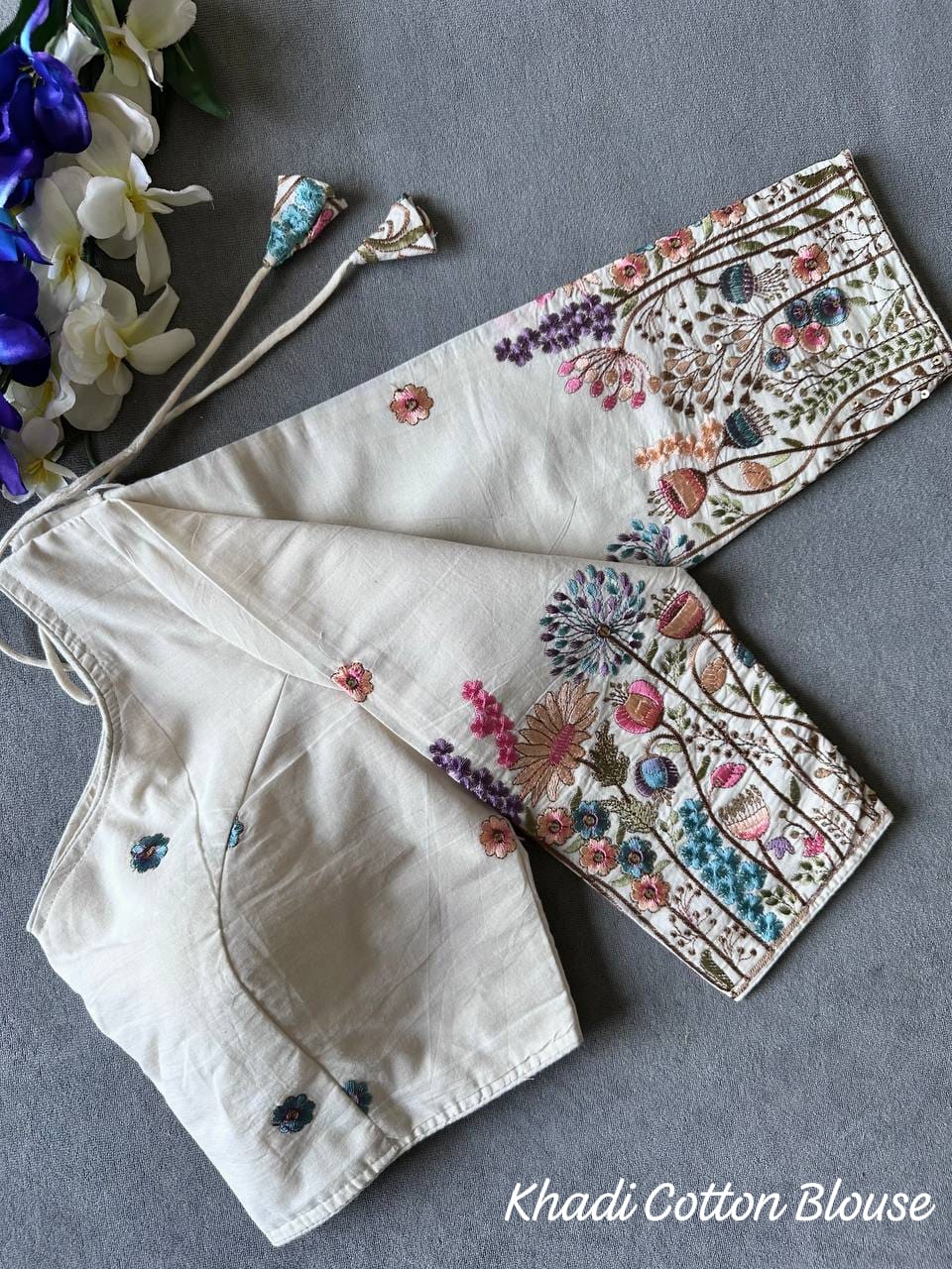 Pure Khadi Cotton fabric Chain stitched Multi embroidery work Padded White blouse
