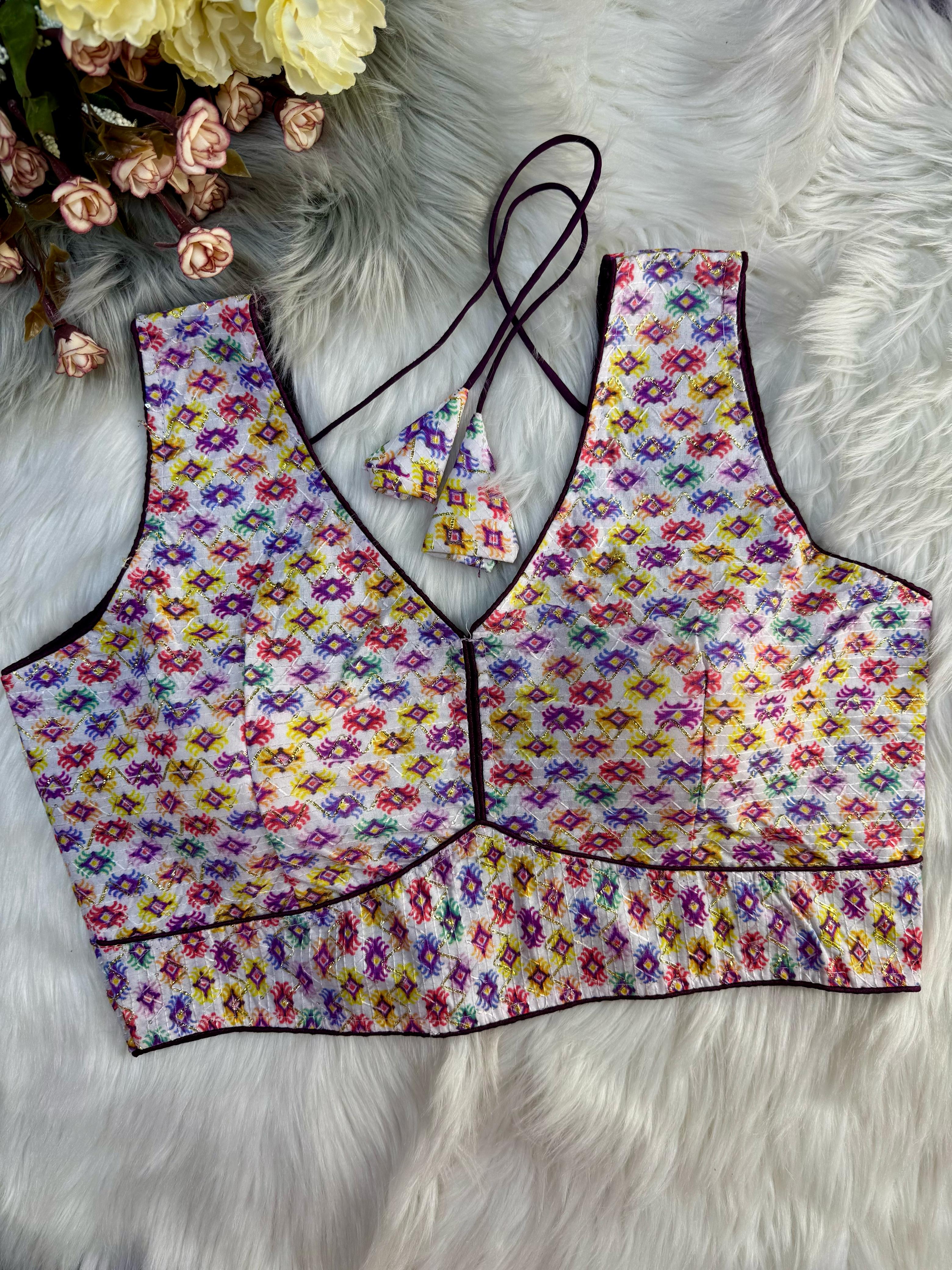 Sleeveless V neck Crochet with Foil work silk blouse