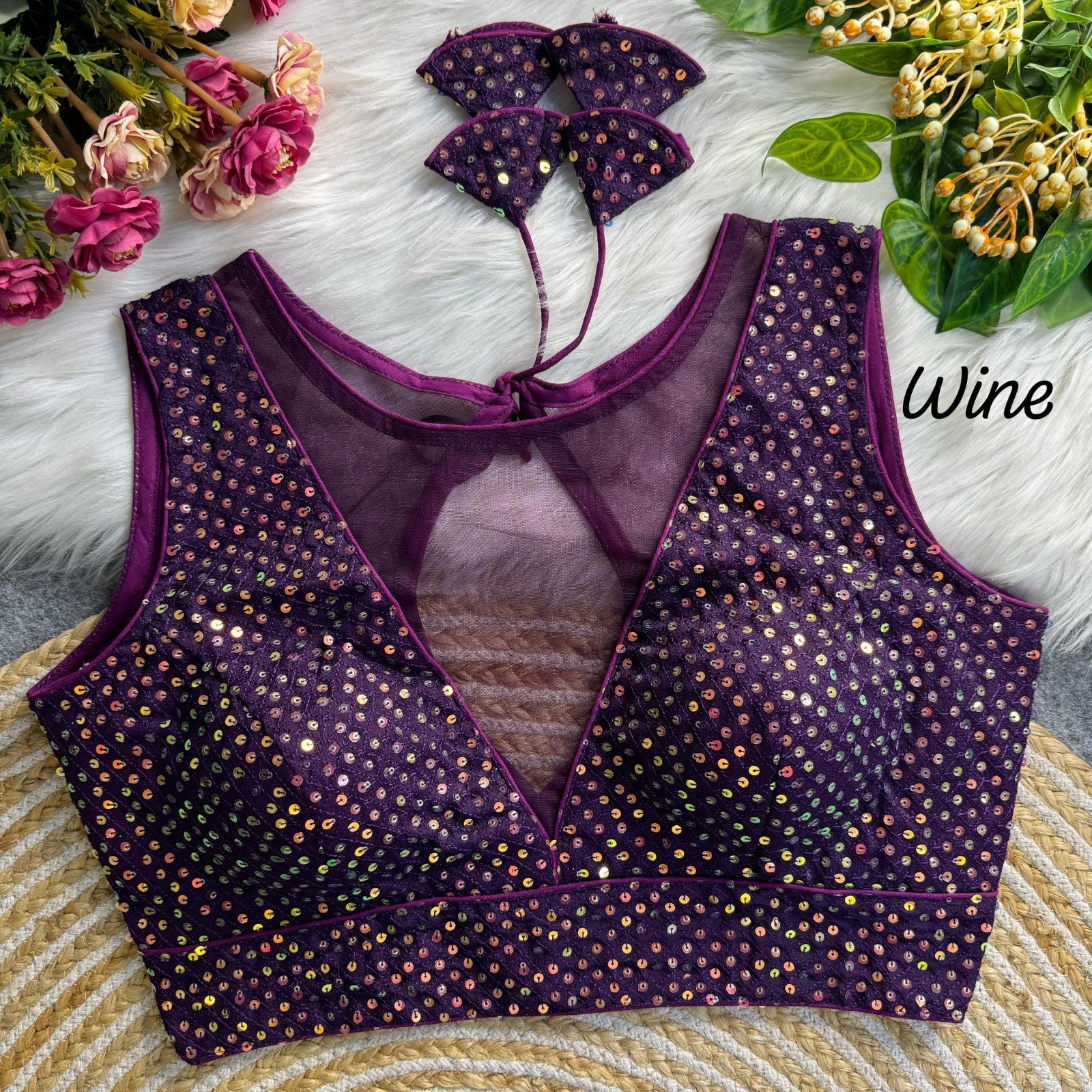 Deep v neck Sleeveless Padded blouse Imported net with Sequins work blouse