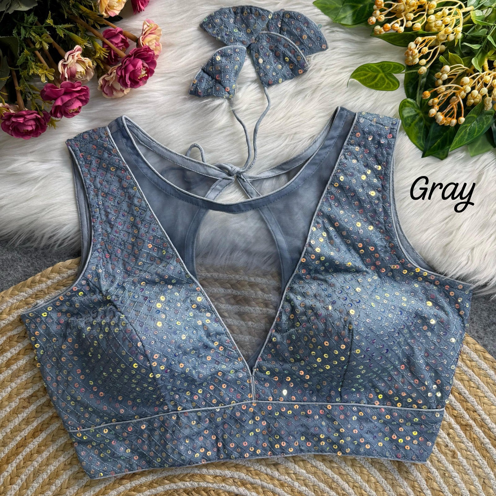 Deep v neck Sleeveless Padded blouse Imported net with Sequins work blouse