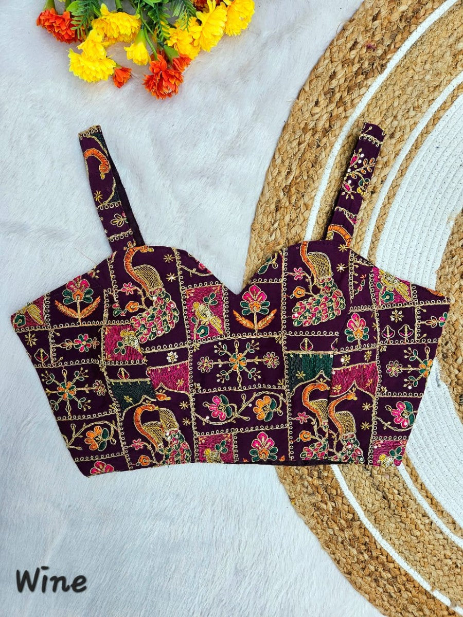 Designer Off shoulder Georgette with Multi embroidered coding work Padded Sleeveless Blouse