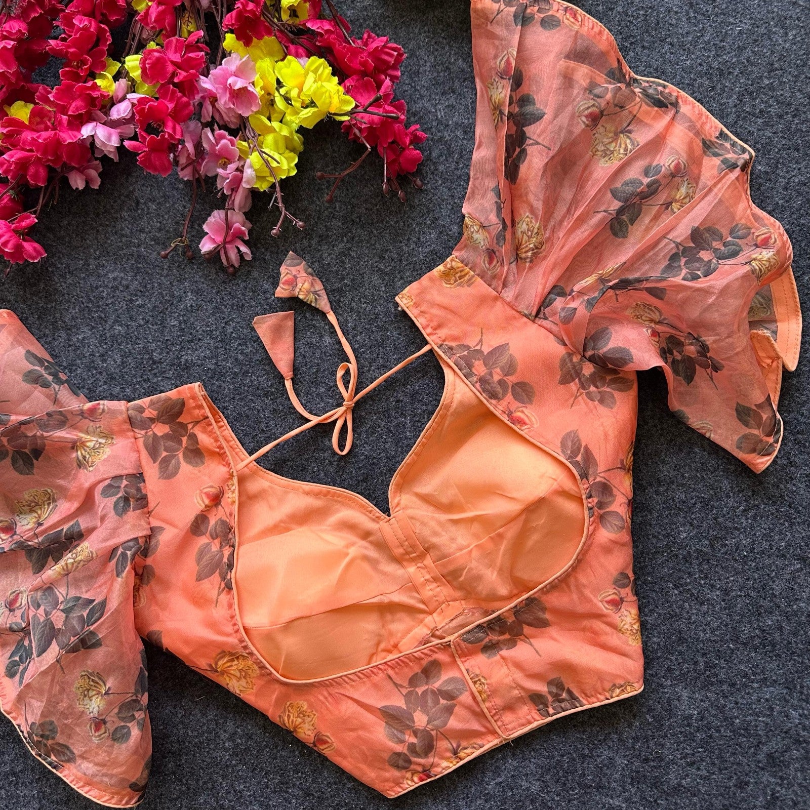 Pure organza with Digital print work Padded Frill sleeves blouse