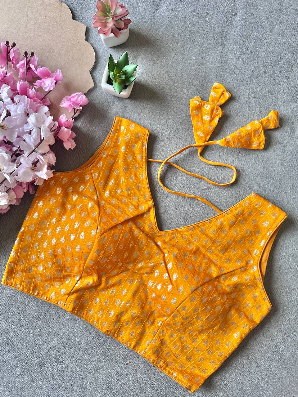 Banarasi weaving V neck padded Readymade sleeveless silk blouse