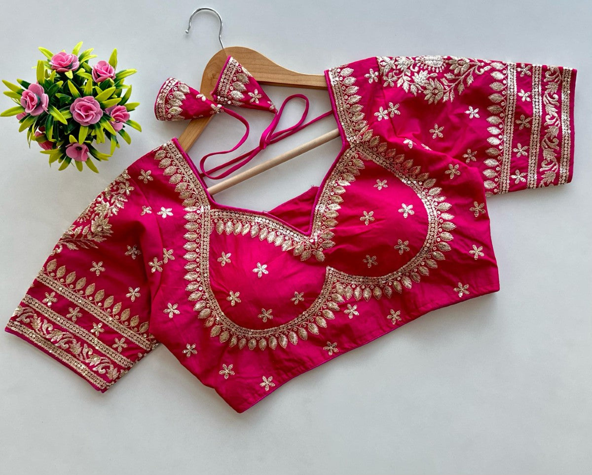 Blueberry silk Golden embroidery with Sequins work Padded Saree blouse