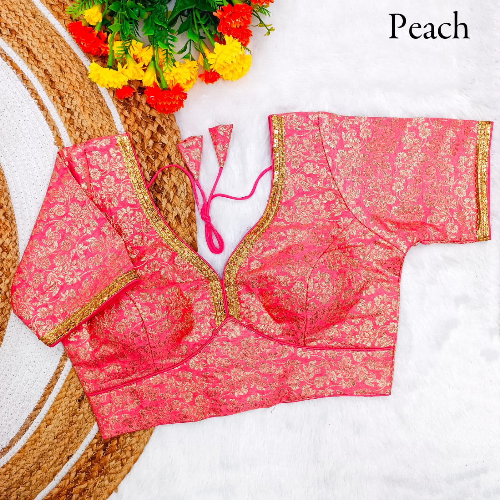 Pure dola silk Weaving zari Lace border work Padded V neck blouse