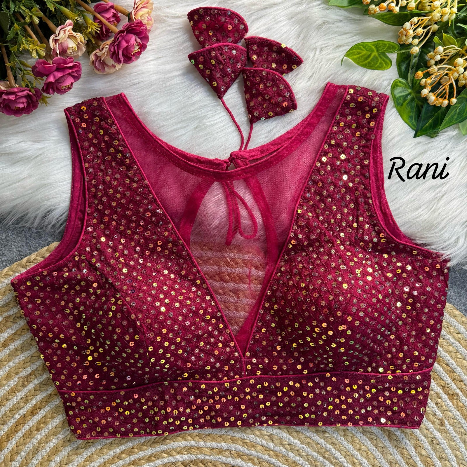 Deep v neck Sleeveless Padded blouse Imported net with Sequins work blouse