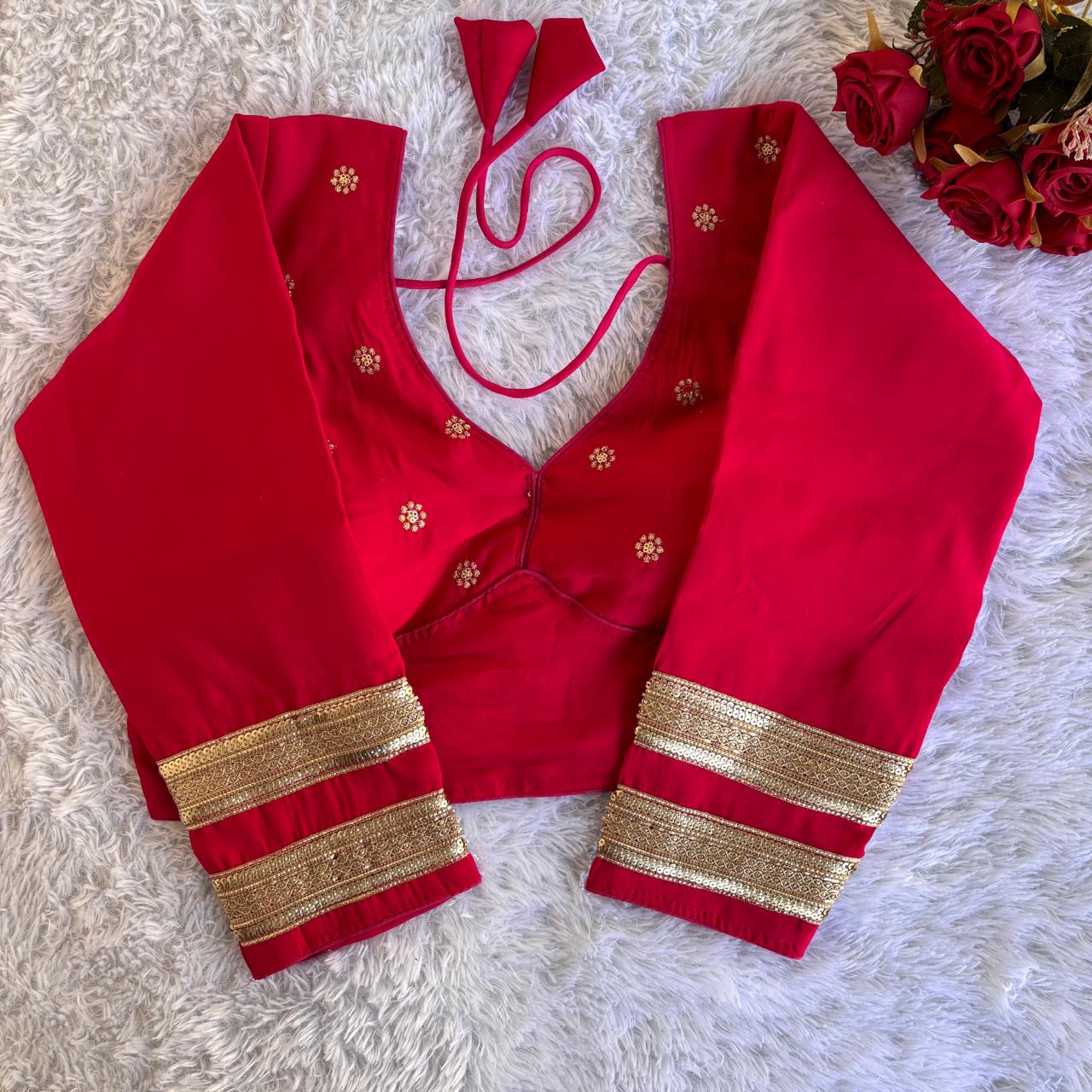 Roman silk fabric Readymade Stitched Padded Embroidery work Saree blouse