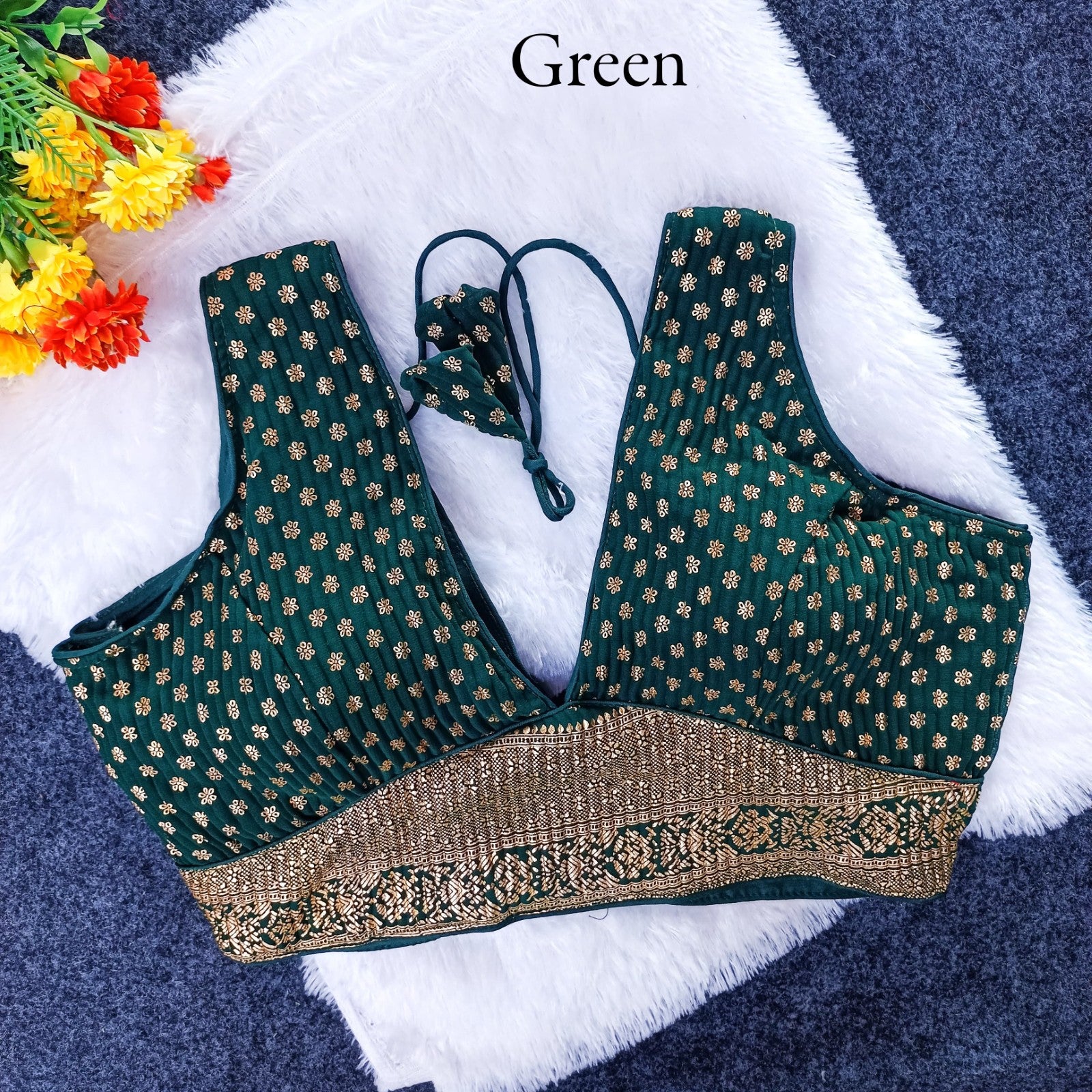 Sabyasachi Deep V neck Georgette with foil work Sleeveless Padded blouse