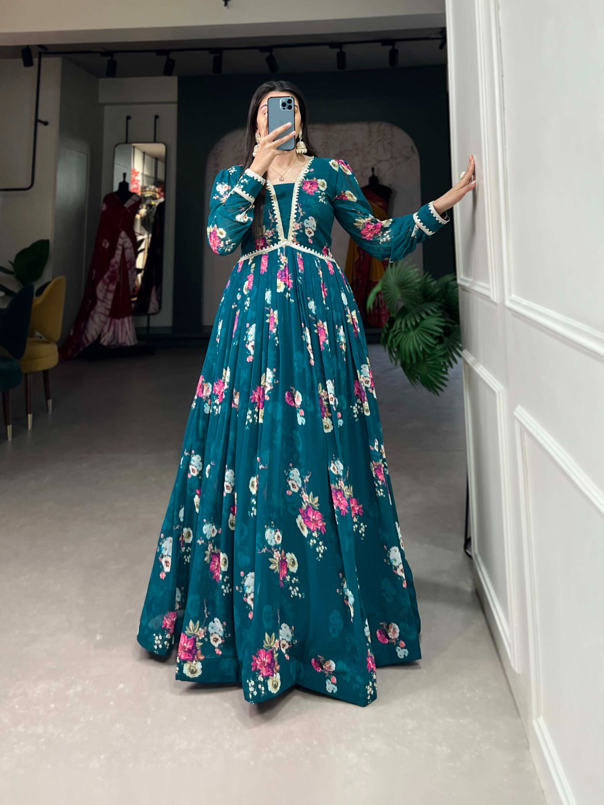 Readymade Dress Georgette Floral print with Lace border Firozi Gown with Dupatta