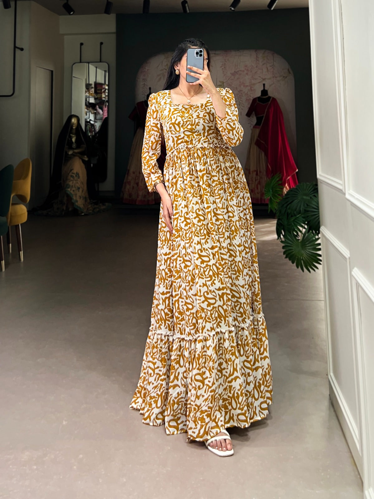 Readymade Mustard A Line dress Georgette Fabric Printed Ready to wear Gown