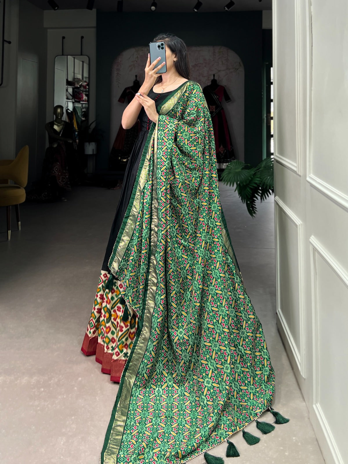 Black Dola silk Printed Gown Readymade Party wear Indian Dress with Dupatta
