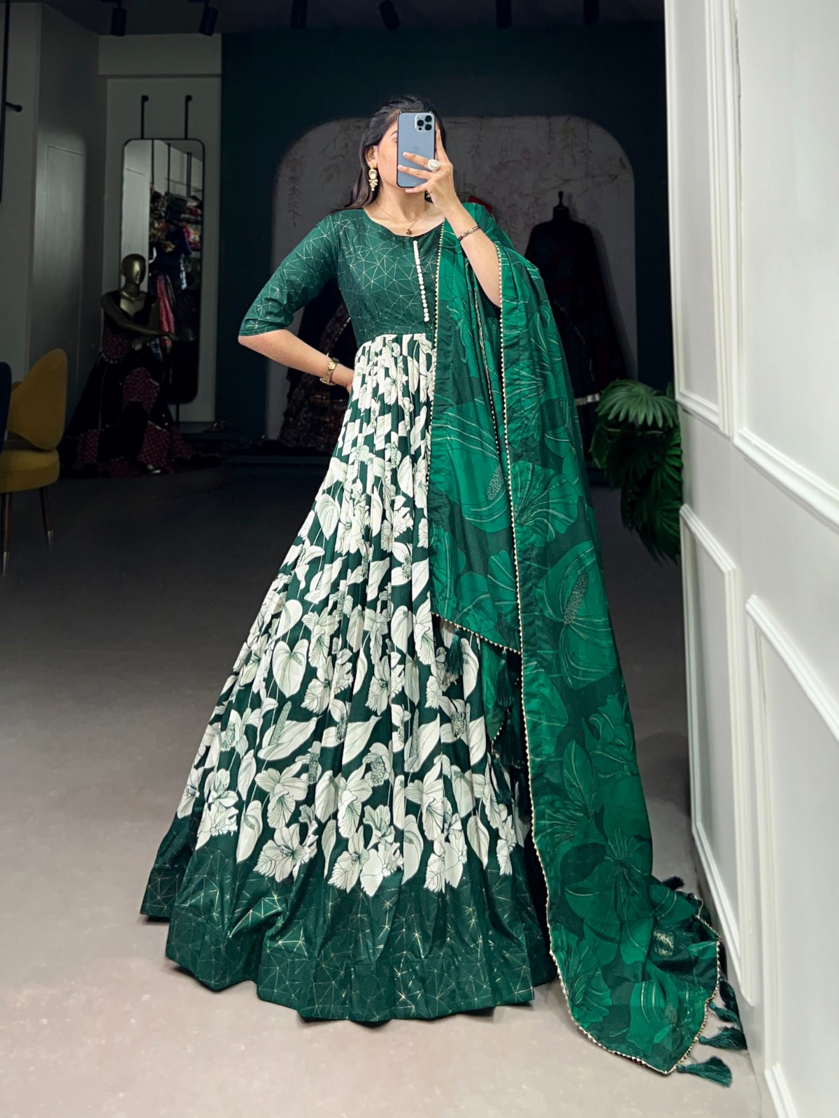 Ethnic green Dress with Dupatta Tussar silk Floral with Foil print work gown