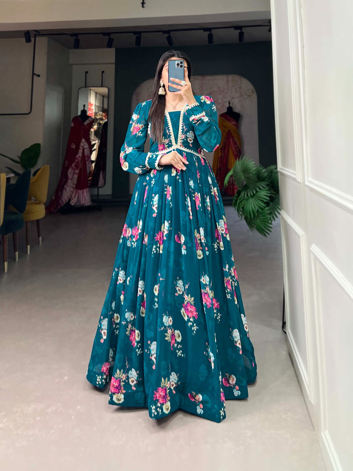 Readymade Dress Georgette Floral print with Lace border Firozi Gown with Dupatta