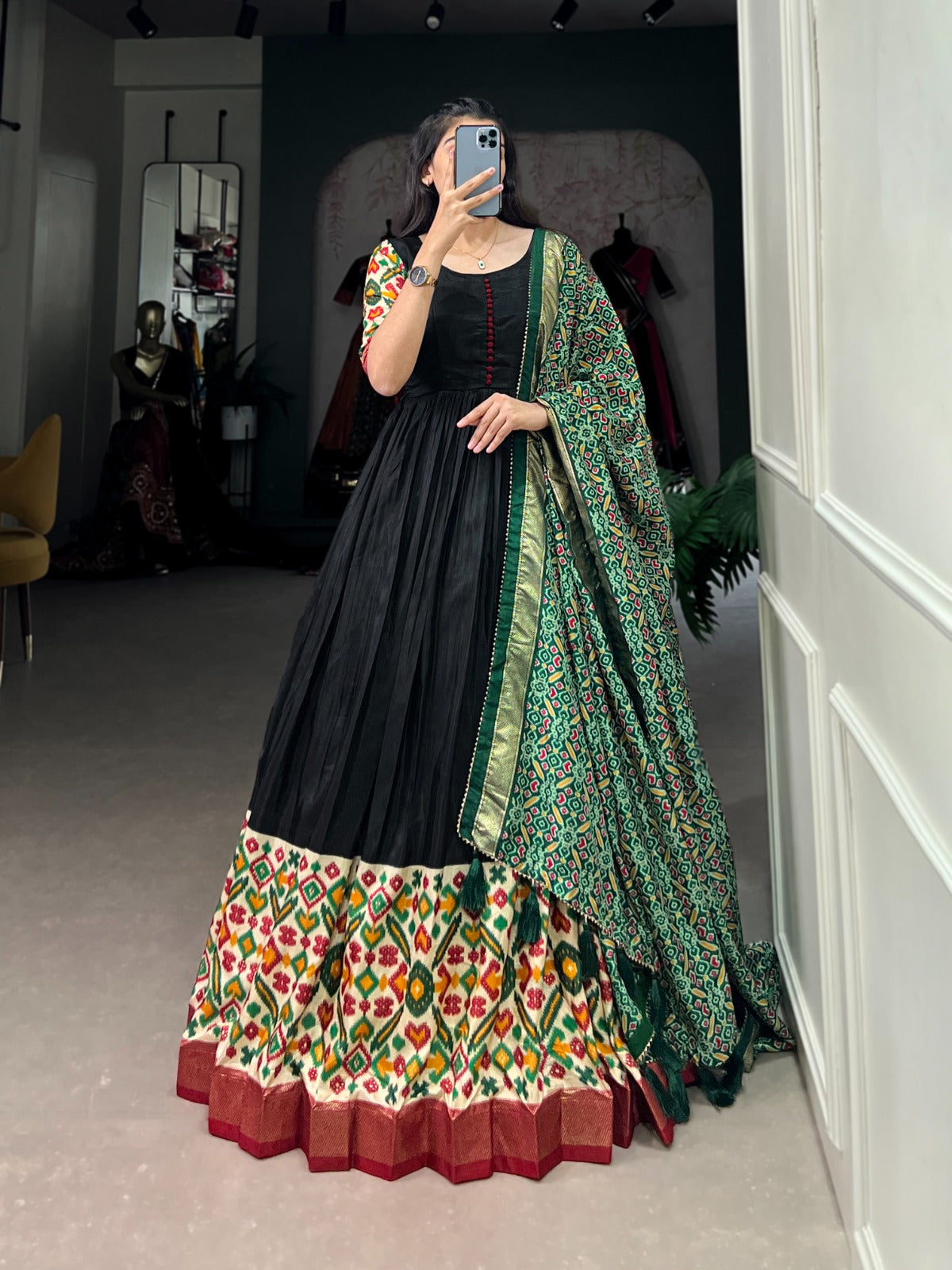 Black Dola silk Printed Gown Readymade Party wear Indian Dress with Dupatta