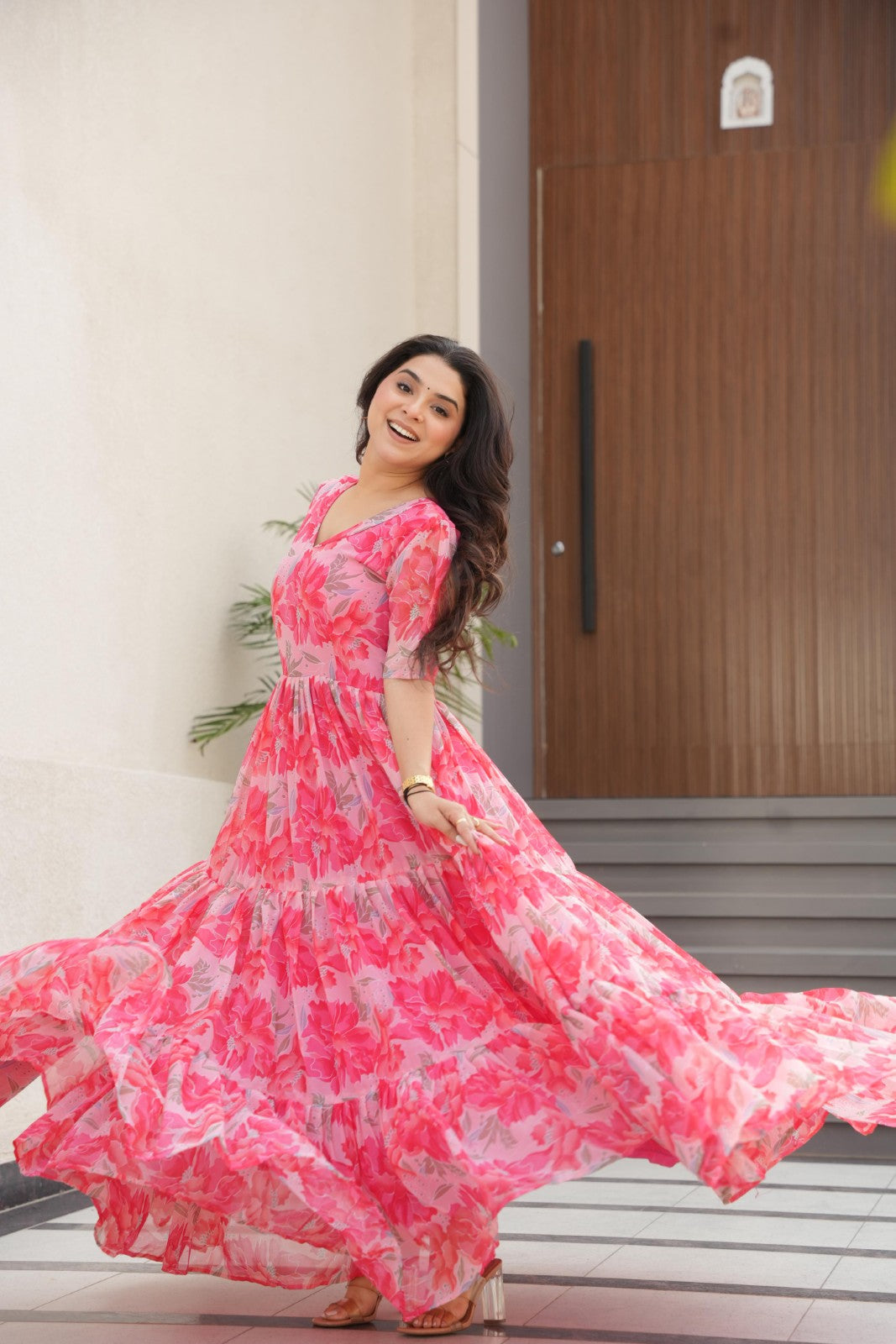 Faux Georgette fabric with print work Gown V neck Half sleeve Printed gown