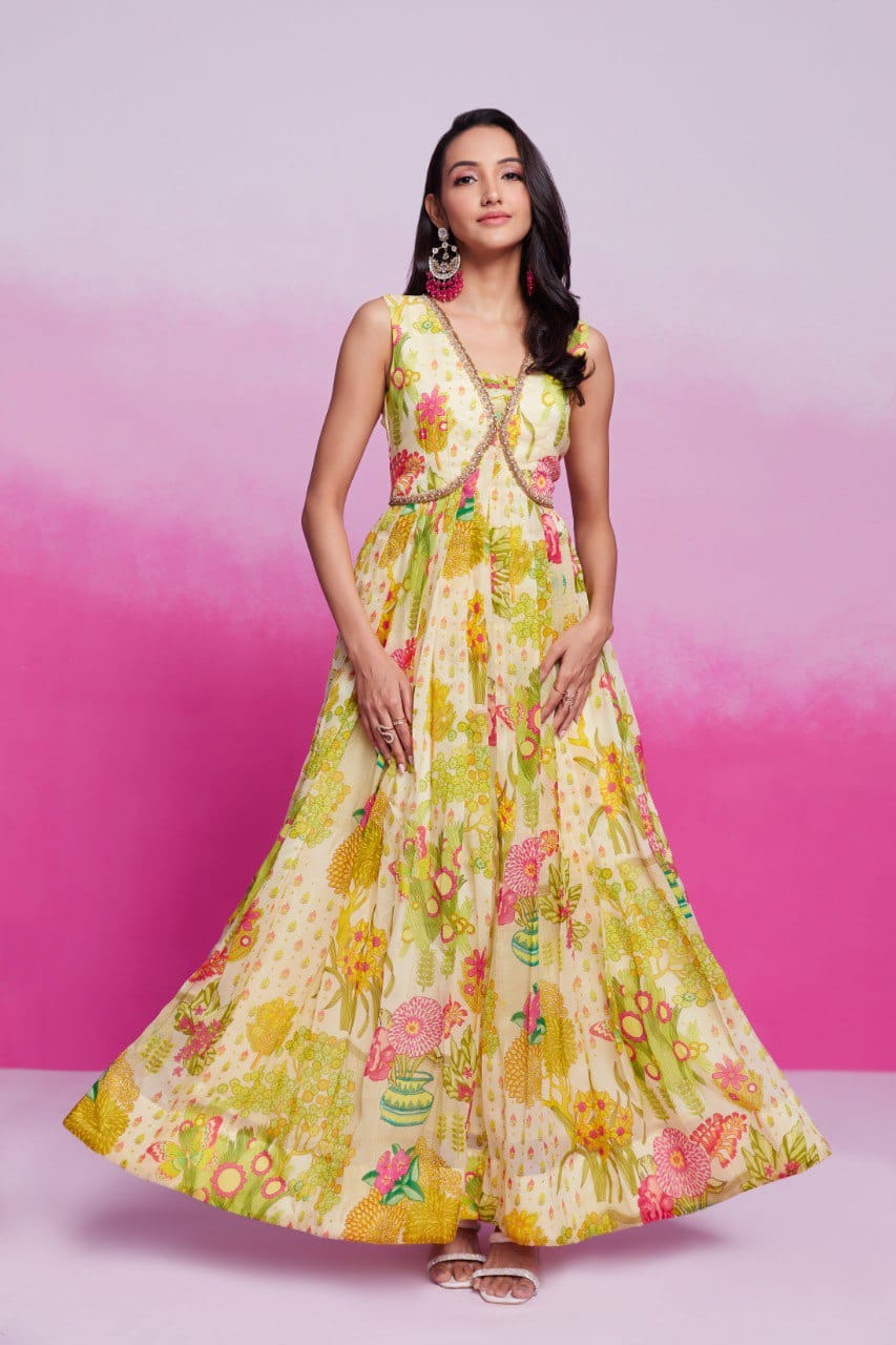 Readymade Organza fabric Printed Handwork Gown