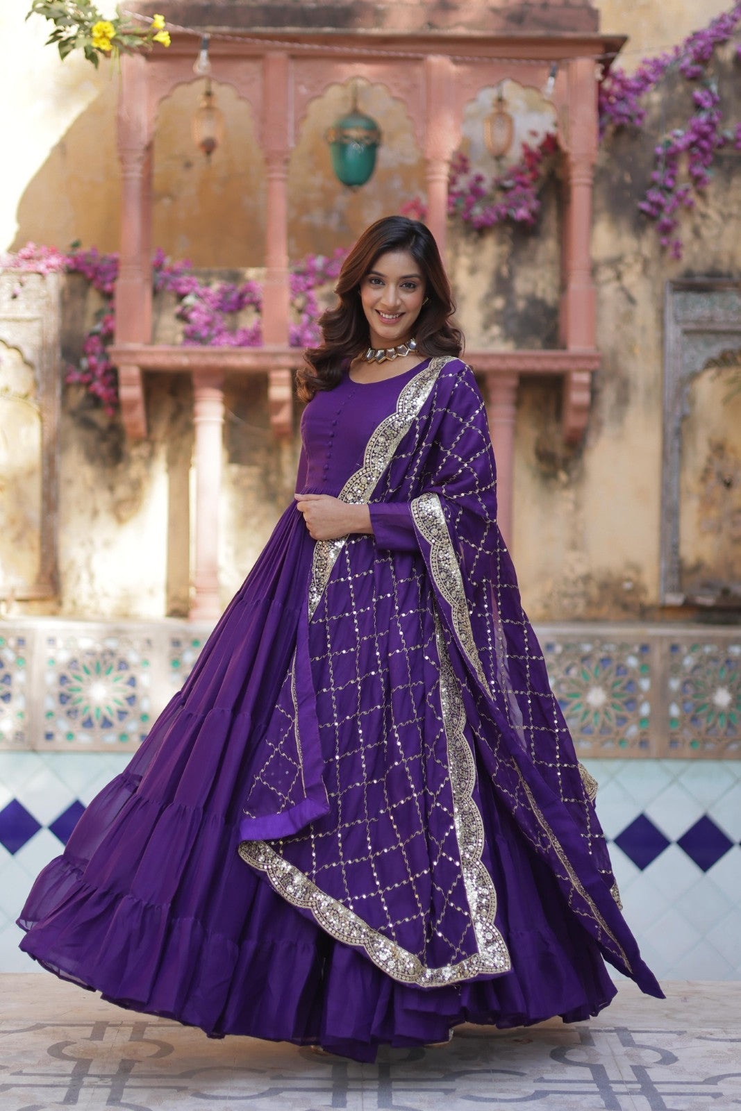 Star Georgette fabric Frill gown Women's wear Dress Readymade Gown with Dupatta