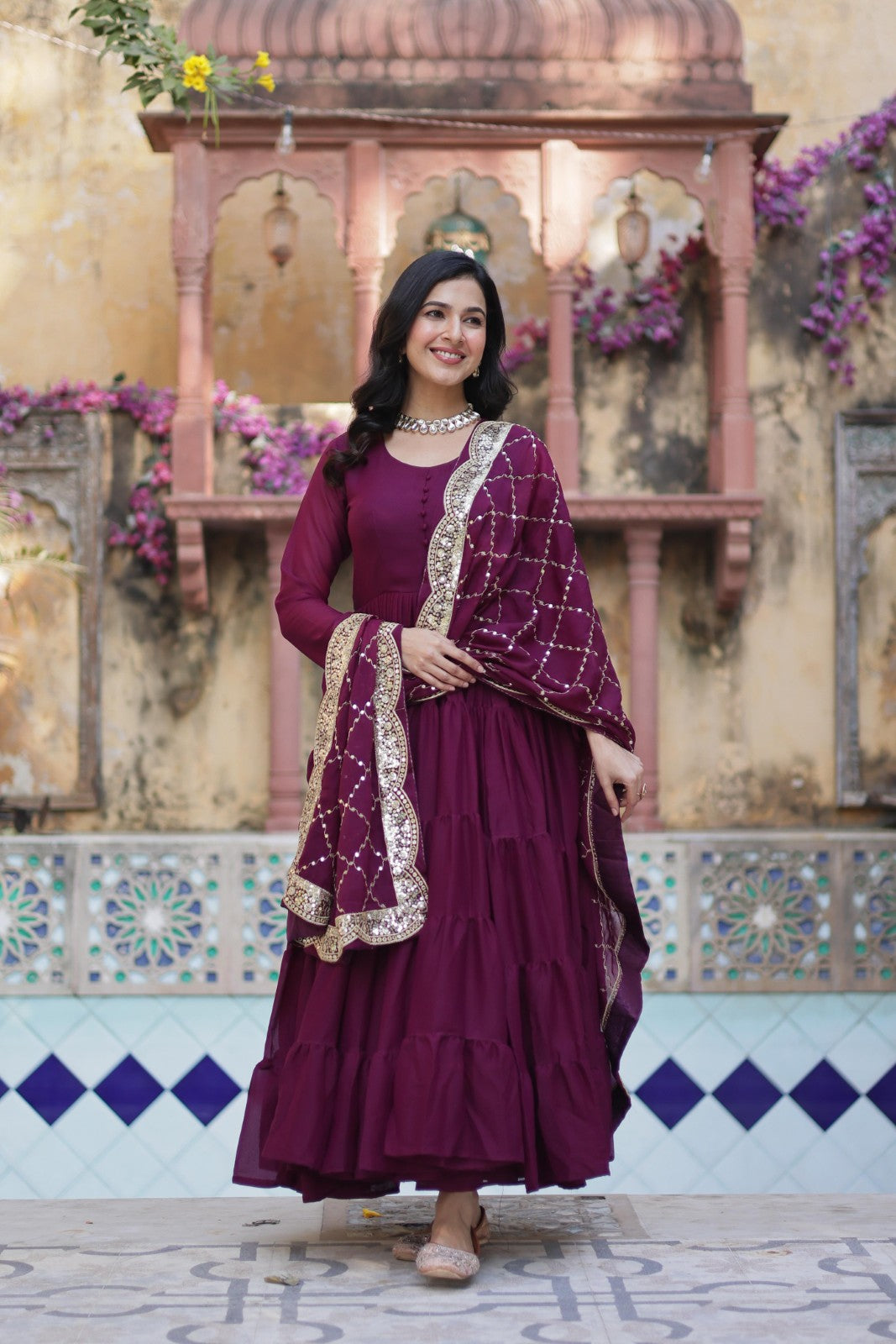 Star Georgette fabric Frill gown Women's wear Dress Readymade Gown with Dupatta