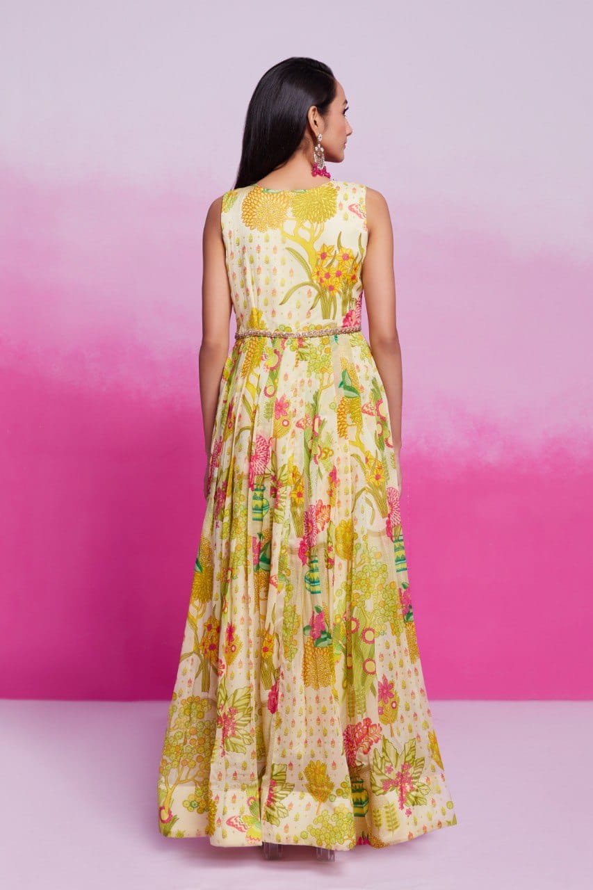 Readymade Organza fabric Printed Handwork Gown