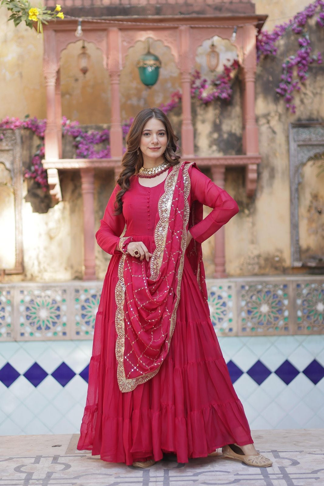 Star Georgette fabric Frill gown Women's wear Dress Readymade Gown with Dupatta