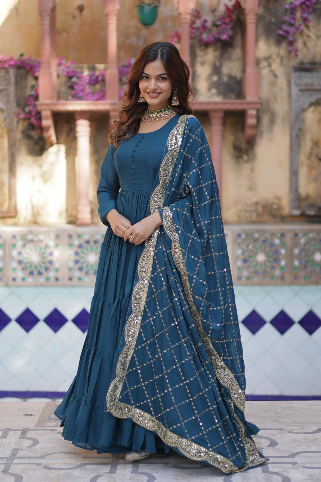 Star Georgette fabric Frill gown Women's wear Dress Readymade Gown with Dupatta