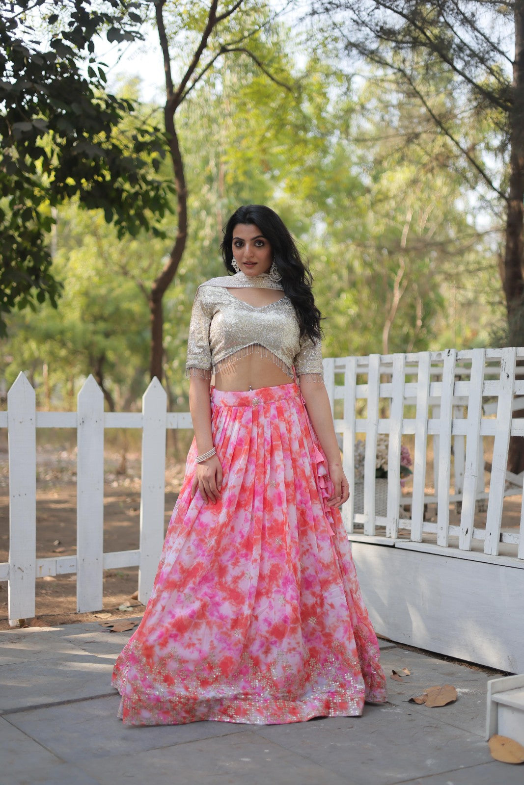 Pink Faux Georgette with Sequin embroidery work Printed Lehenga choli with Dupatta