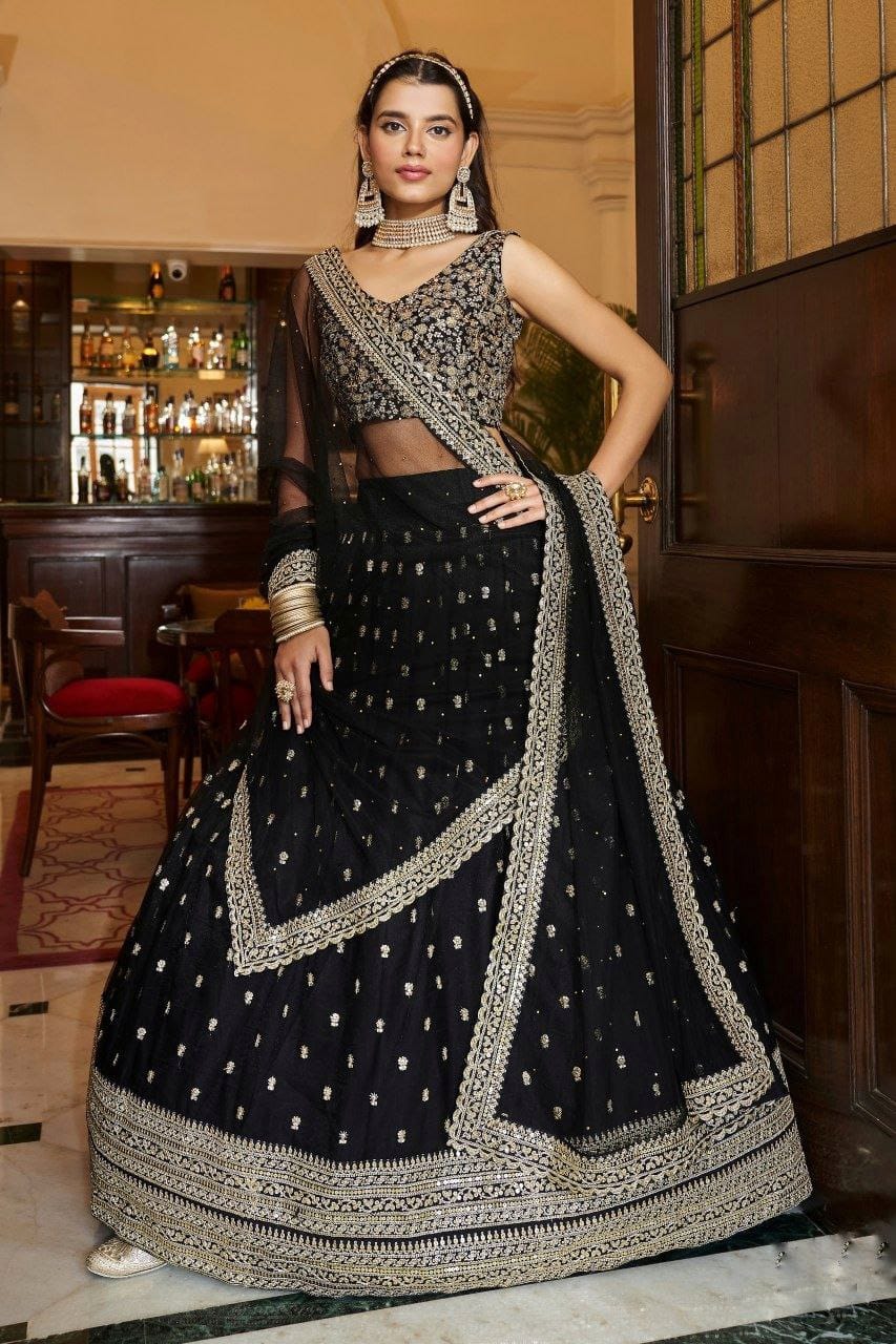 Black Soft net Zari Sequins work Lehenga choli with Dupatta