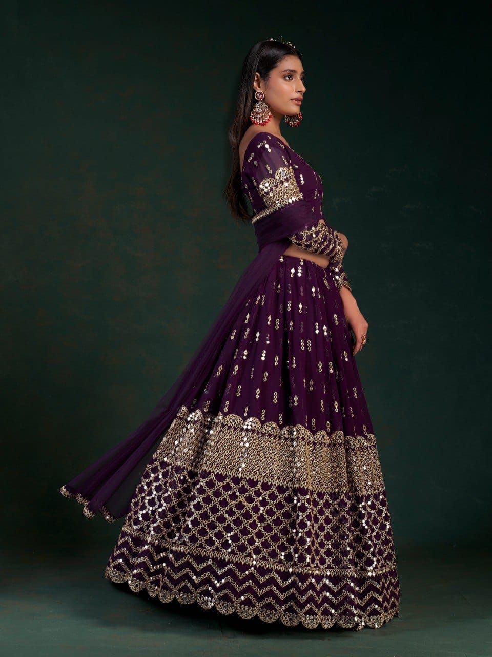 Wine Georgette fabric Zari with Sequin foil mirror work Lehenga choli with Dupatta