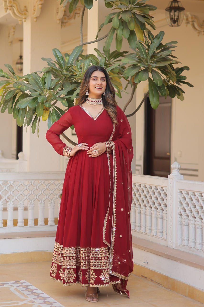 Indian ethnic wear Embroidered gown Sequins Anarkali dress with Dupatta