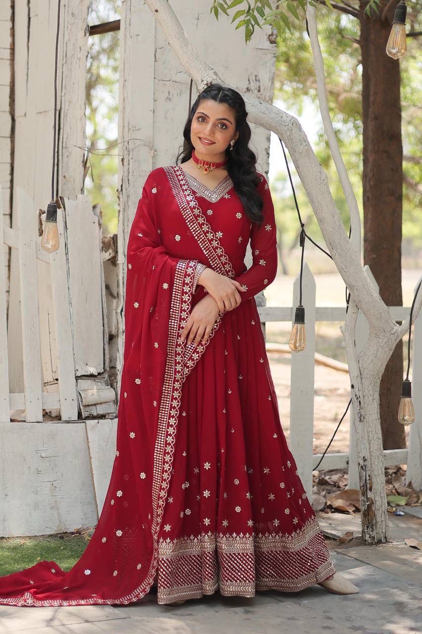 Indian ethnic Dress with Dupatta Faux blooming Gown with Rich sequins embroidered work