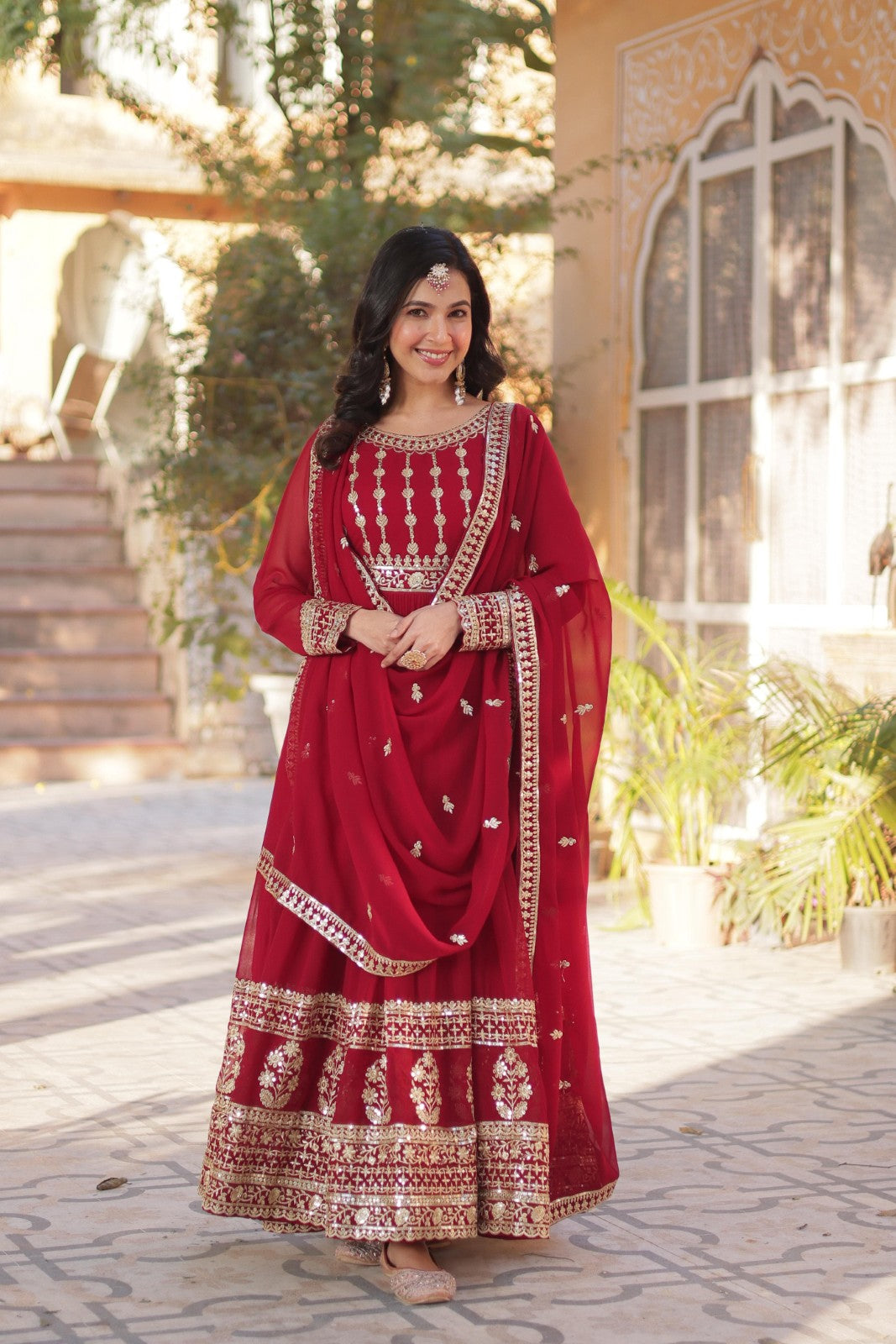 Faux Blooming gown Indian ethnic wear Embroidered Suit Sequins work Gown