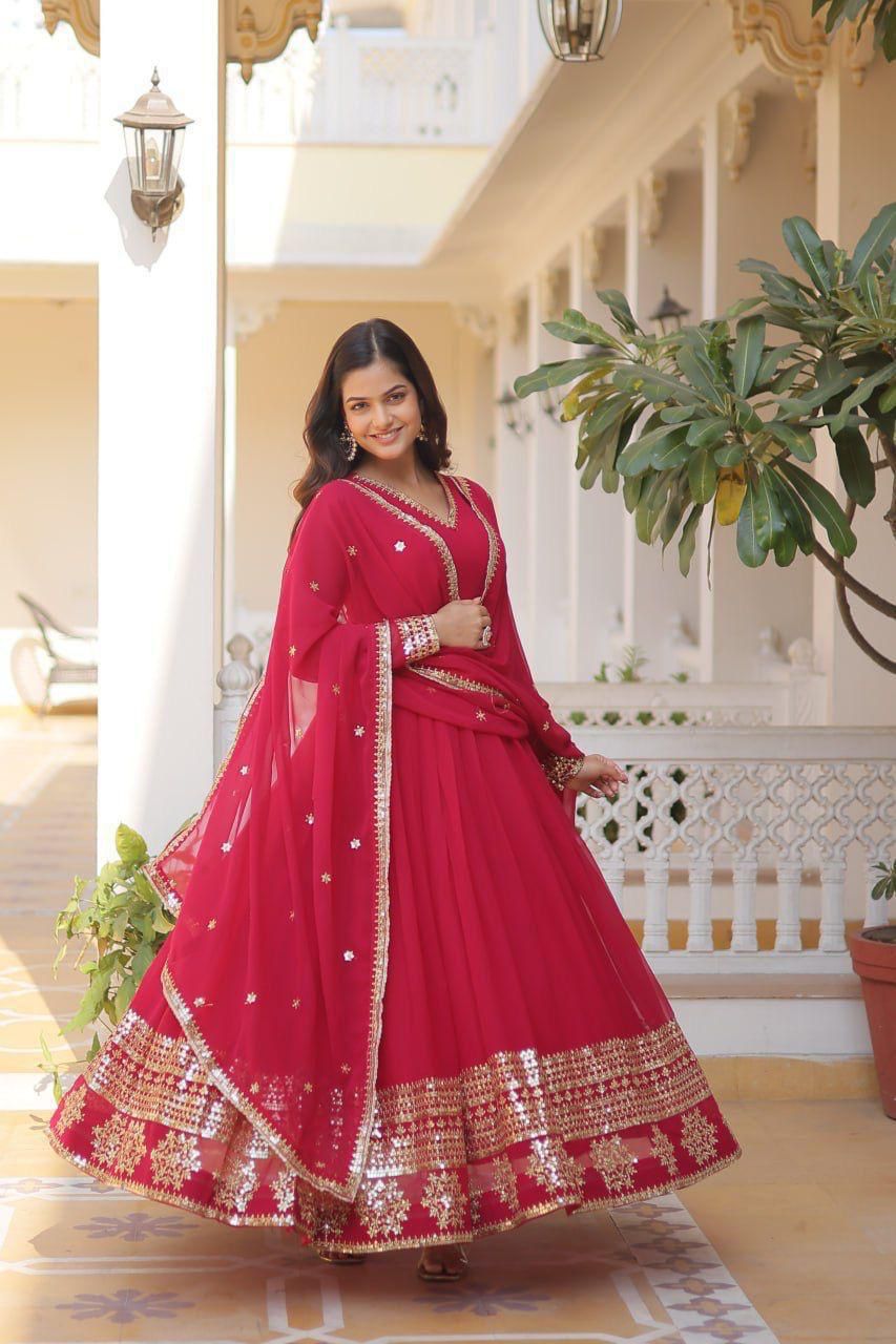 Indian ethnic wear Embroidered gown Sequins Anarkali dress with Dupatta