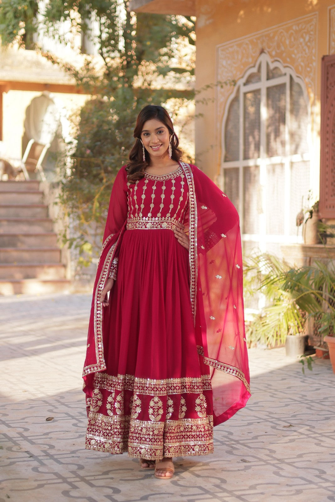 Faux Blooming gown Indian ethnic wear Embroidered Suit Sequins work Gown