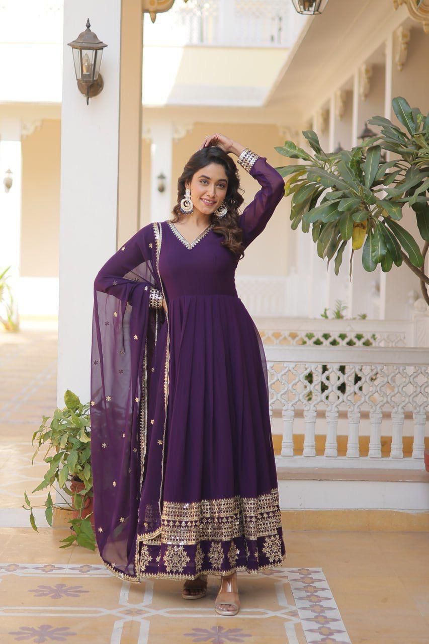 Indian ethnic wear Embroidered gown Sequins Anarkali dress with Dupatta