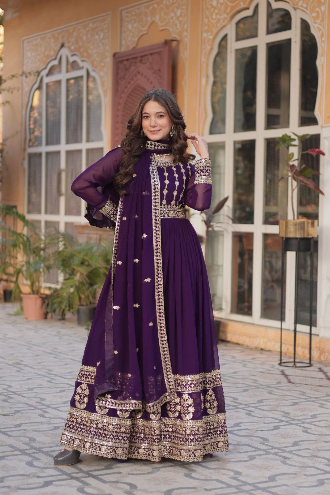 Faux Blooming gown Indian ethnic wear Embroidered Suit Sequins work Gown