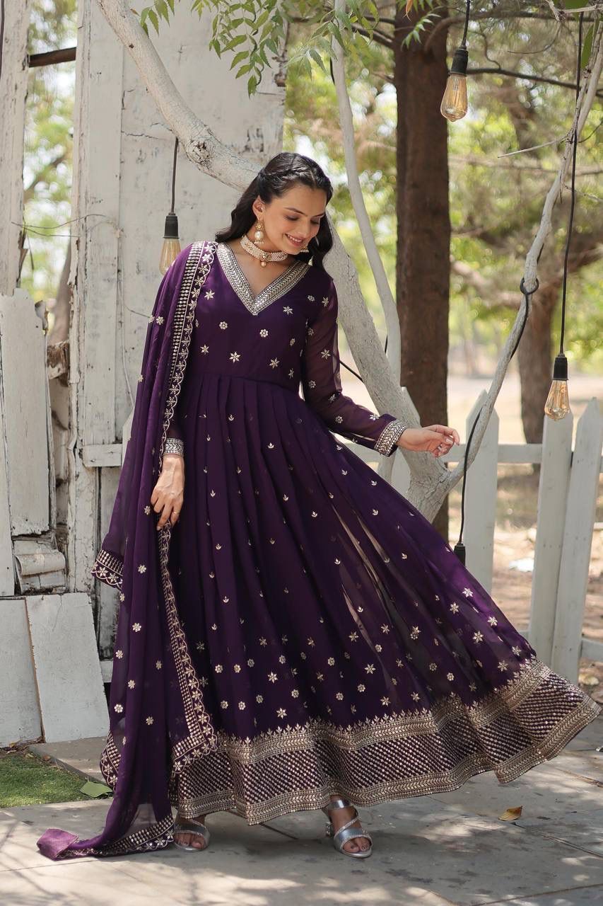 Indian ethnic Dress with Dupatta Faux blooming Gown with Rich sequins embroidered work